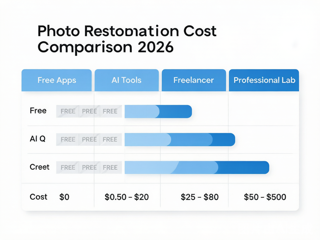 Photo restoration cost comparison chart — Free vs AI vs Freelancer vs Professional Lab pricing tiers for 2026