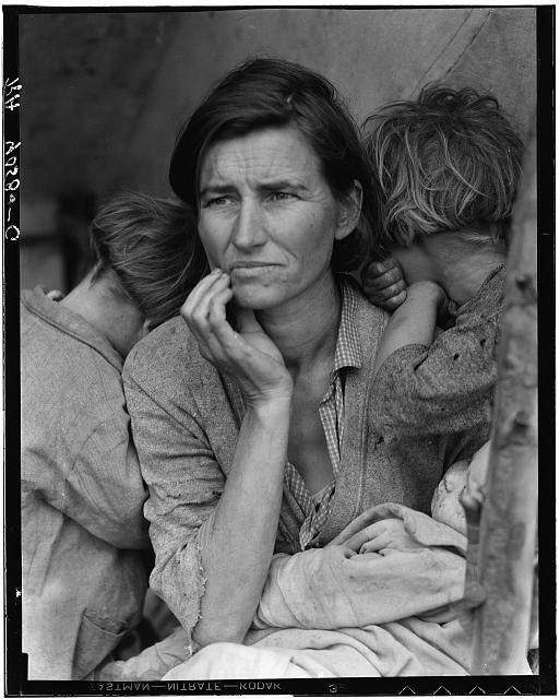 Migrant Mother, Dorothea Lange, 1936 — black and white public domain photograph from the Library of Congress
